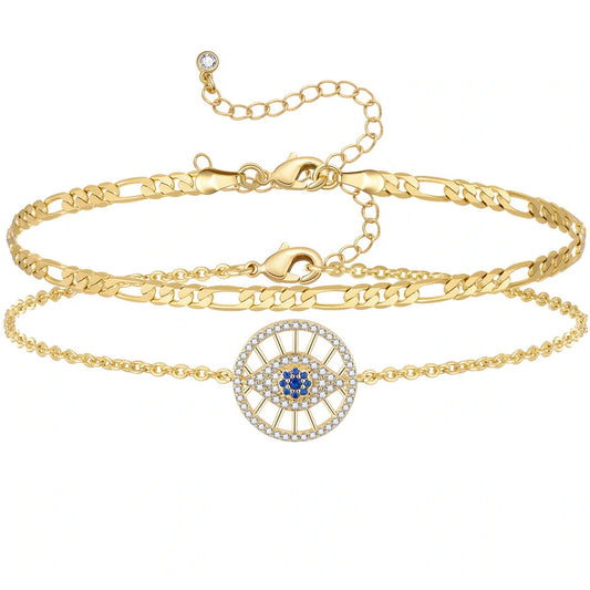 14k Gold Plated Layering Evil Eye Anklets Set on a white background