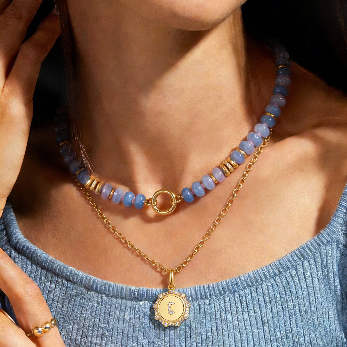 KissYan Beaded Boho Choker Natural Stone Gold Clasp Beach Gift