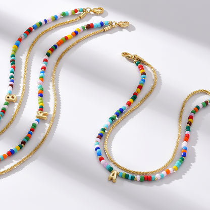 KissYan Initial Layered Colorful Beaded Anklet 14K Gold Chain