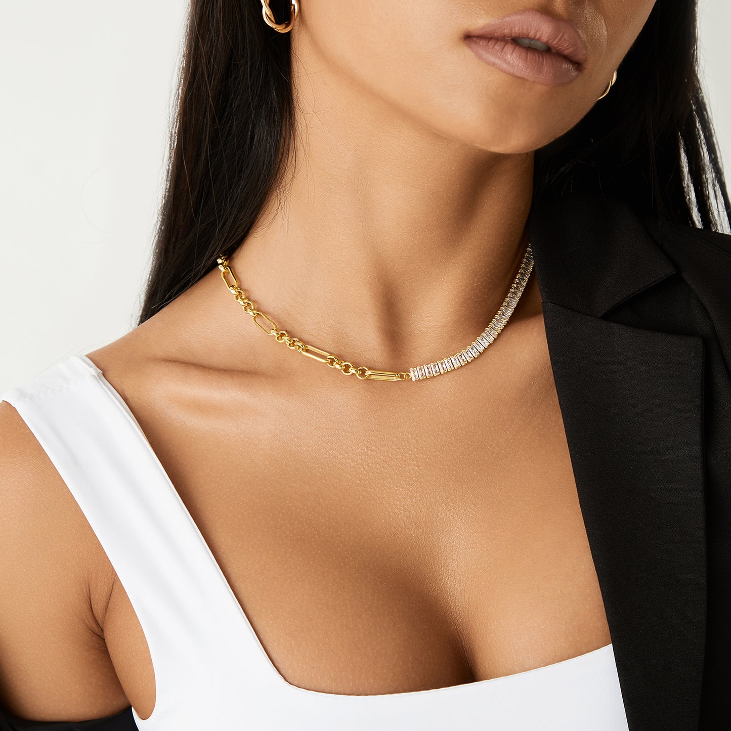 14K Gold Diamond Tennis Necklace CZ Baguette Tennis Chain