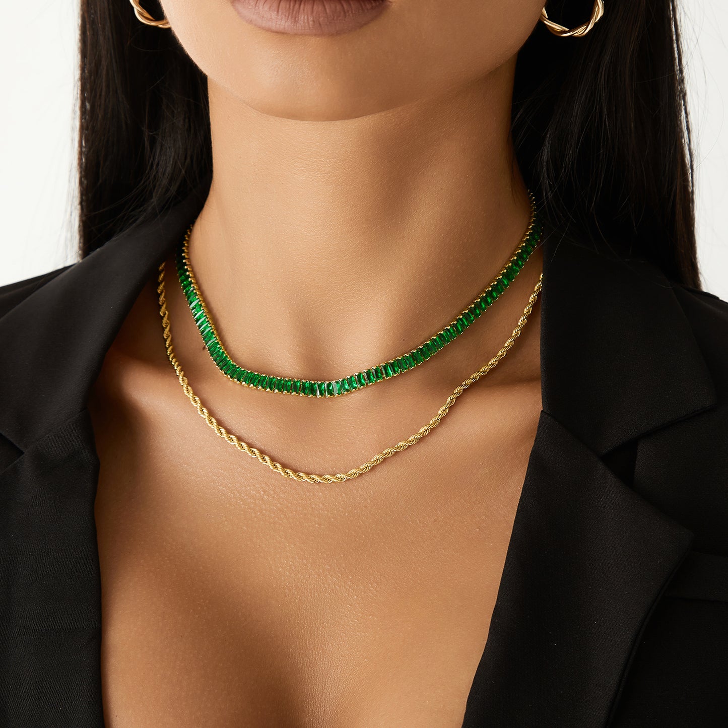 14K Gold Diamond Tennis Necklace CZ Baguette Tennis Chain