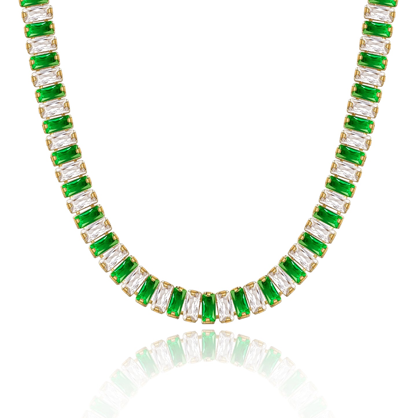 14K Gold Diamond Tennis Necklace CZ Baguette Tennis Chain