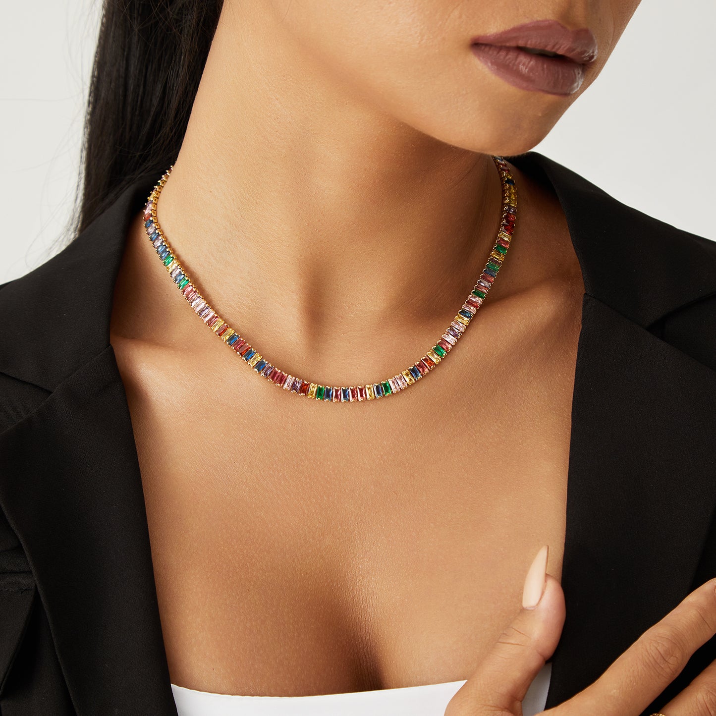 14K Gold Diamond Tennis Necklace CZ Baguette Tennis Chain